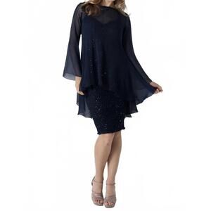 NEW SARA MIQUE silk pucker dress with sequins in navy